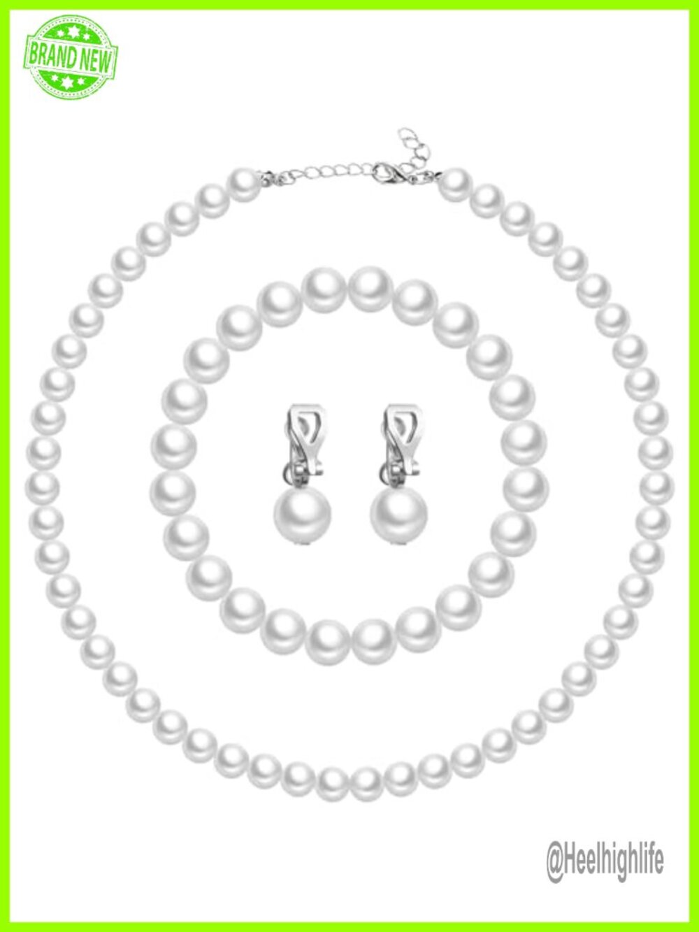 Faux Pearl Clip On Earring Necklace Bracelet 3 Piece Jewelry Set